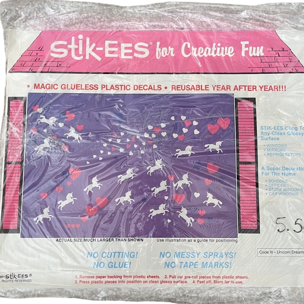 Vtg Stik-ees‎ Window Clings 90s Teacher School unicorn dreams hearts pink purple
